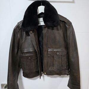 Sandro Dark Brown Leather Bomber Jacket with Black Shearling Collar